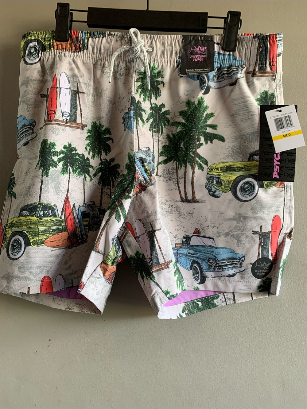 NWT Psycho Bunny Menโs Swim Trunks Vintage Car Tropical Print